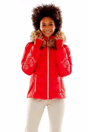 M. Miller Women's Keirsten Stretch Paneled down Jacket with Winter Fox Trim in Red