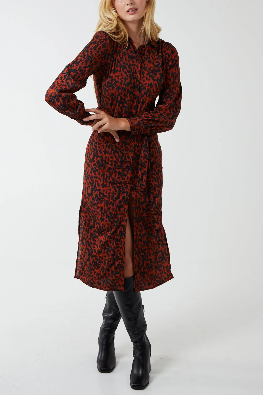 Maise Animal Print Midi Shirt Dress Rust