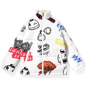 Minimalist Cartoon Letter Graffiti Print Stand Collar Padded Coat