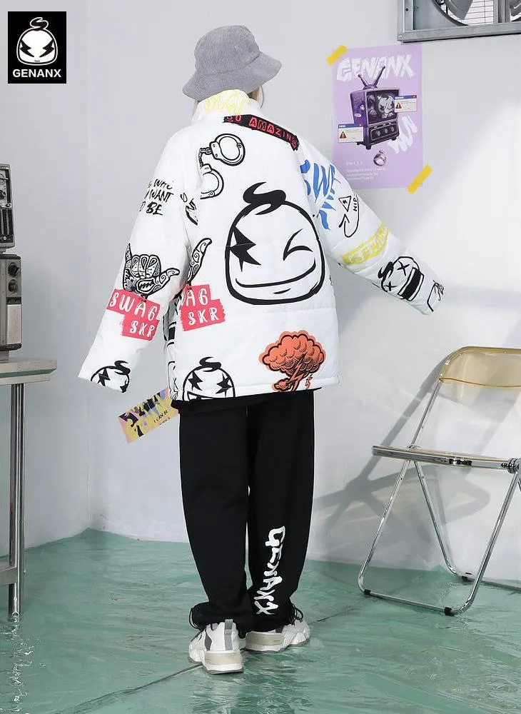 Minimalist Cartoon Letter Graffiti Print Stand Collar Padded Coat