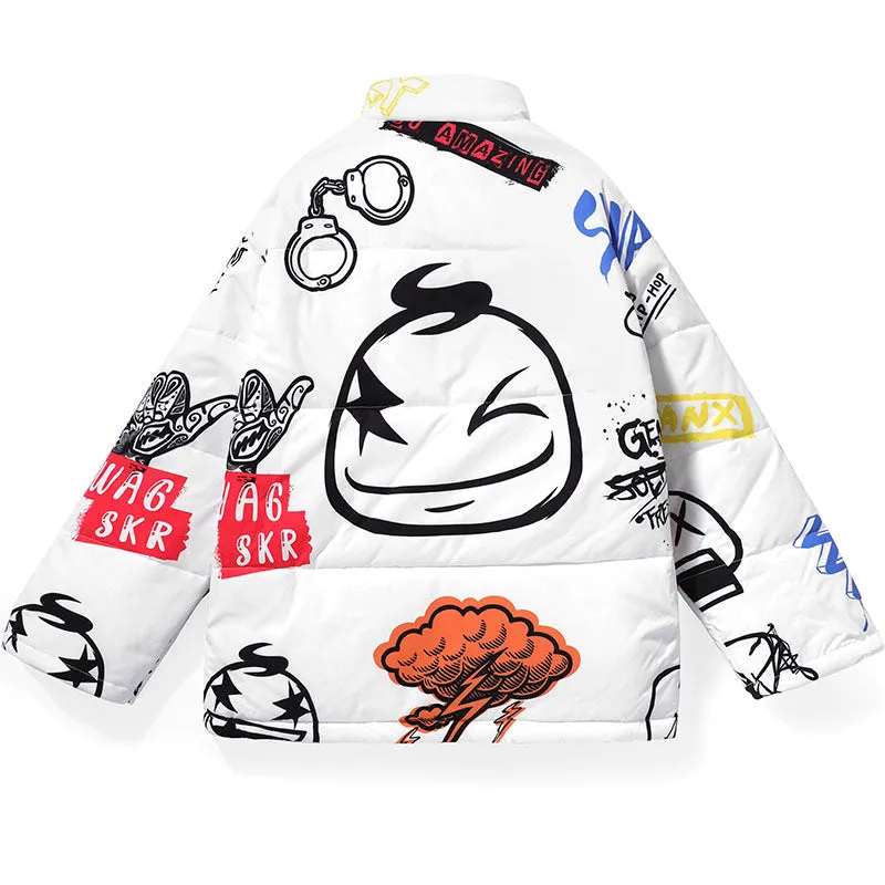 Minimalist Cartoon Letter Graffiti Print Stand Collar Padded Coat