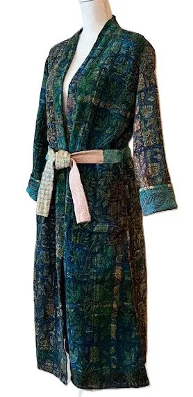 New Vintage Handmade Kantha Quilted Jacket, Dark Floral