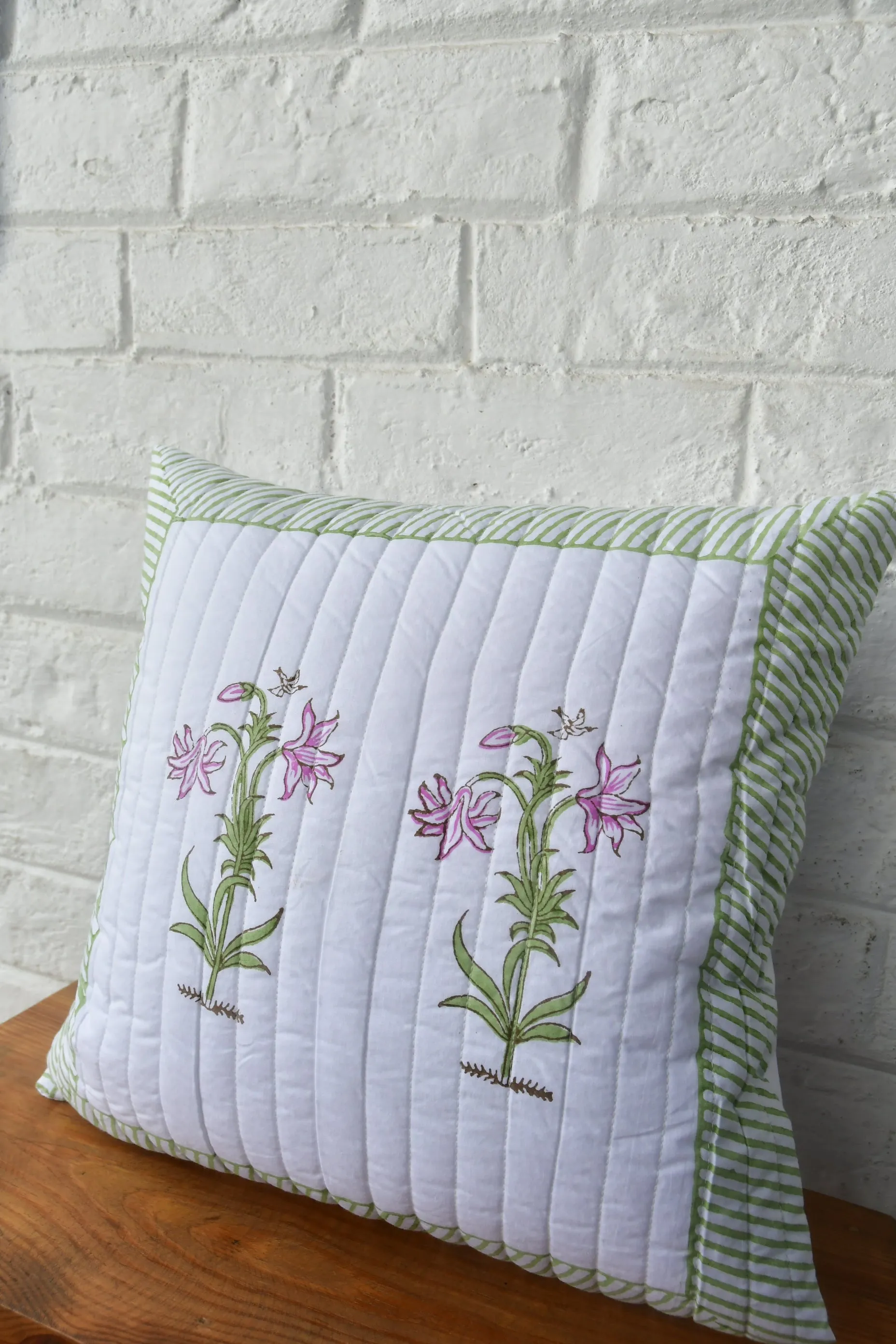 Pink Lilies Cushion: Hand Block Luxury for Your Sofa