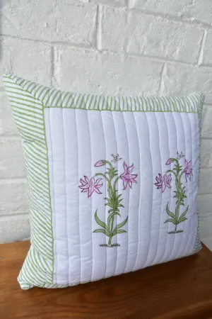 Pink Lilies Cushion: Hand Block Luxury for Your Sofa