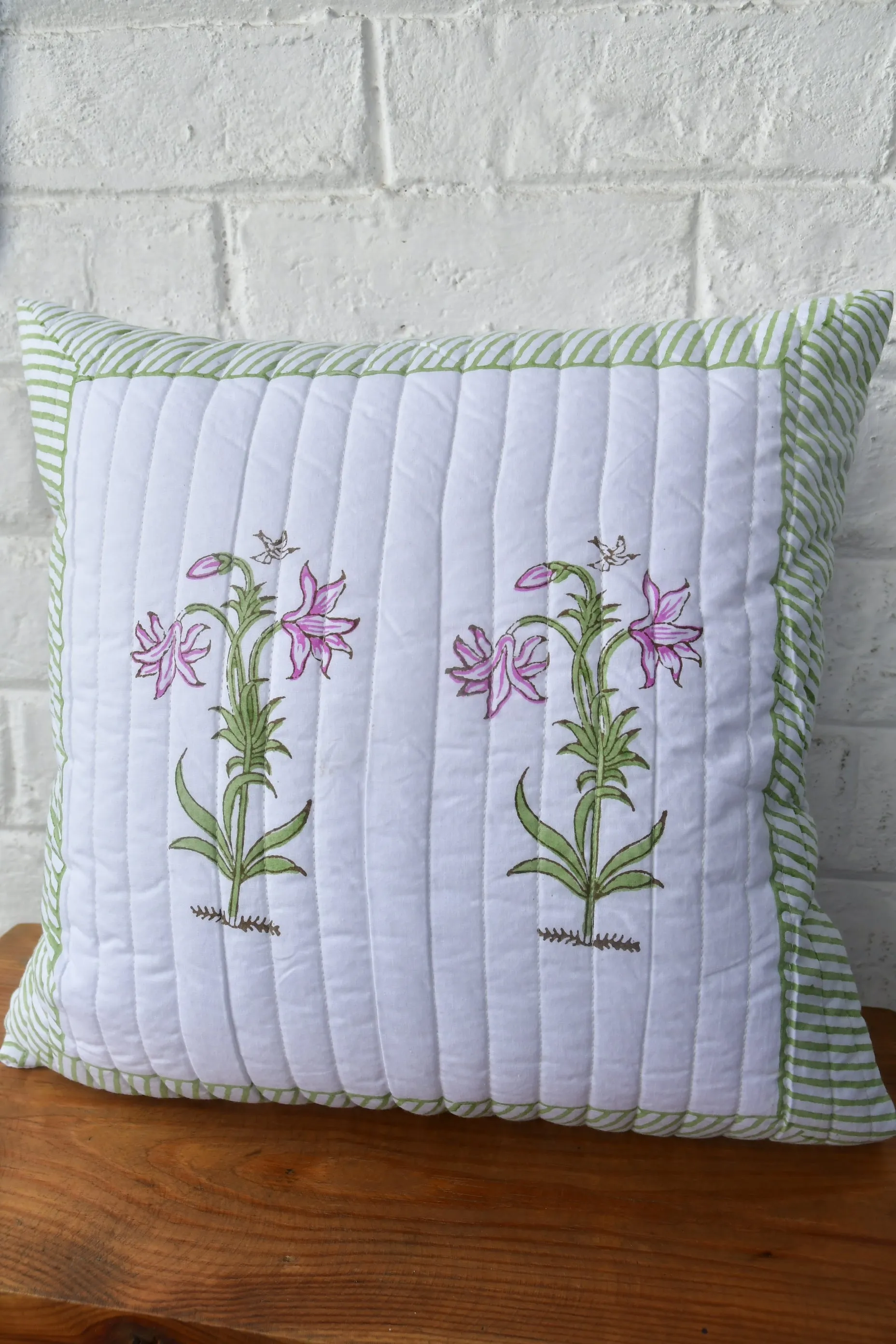 Pink Lilies Cushion: Hand Block Luxury for Your Sofa