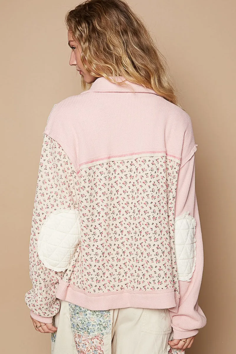 POL Quilted Jacket Patchwork Retro Pink Floral Exposed Seam Patch Pocket Cardigan