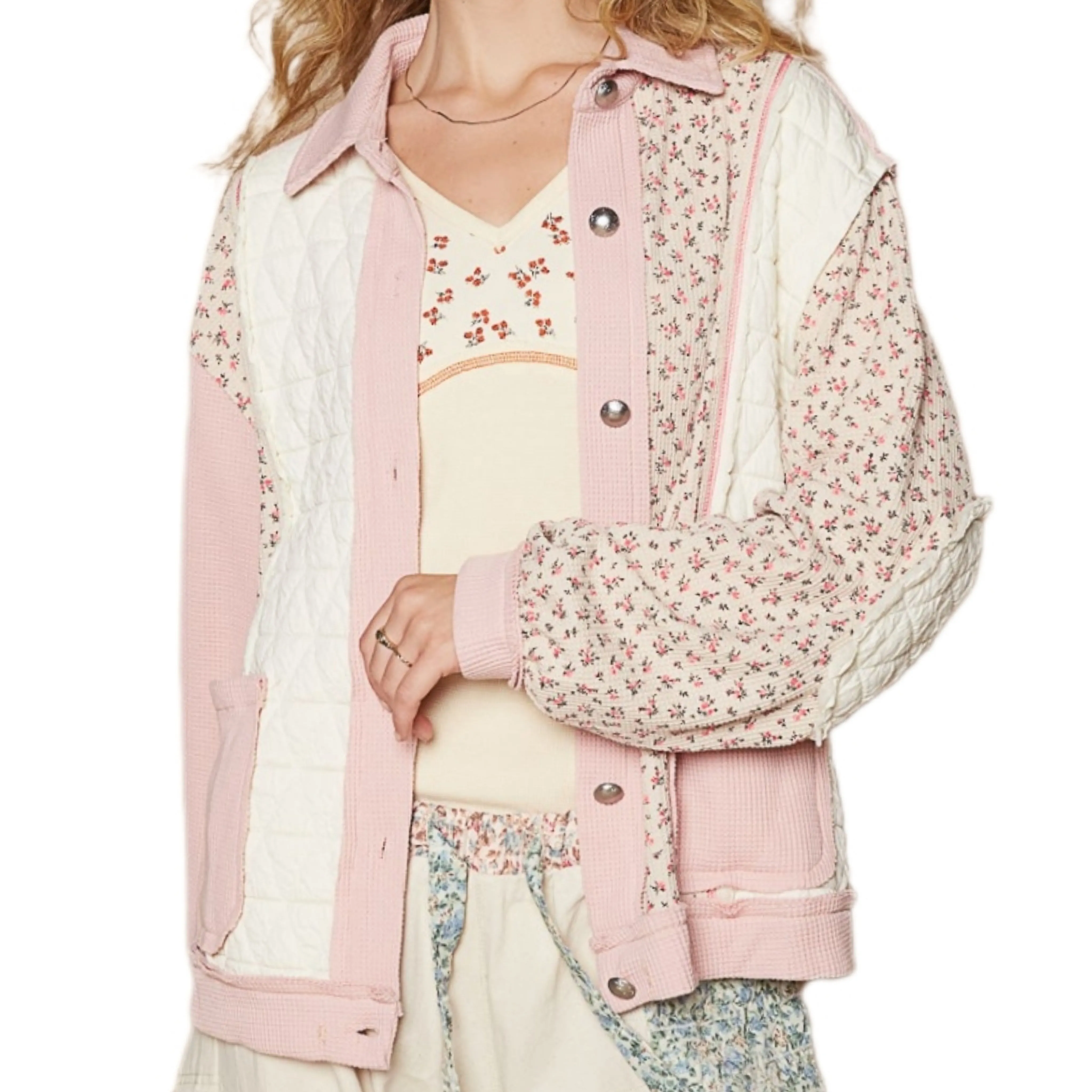 POL Quilted Jacket Patchwork Retro Pink Floral Exposed Seam Patch Pocket Cardigan