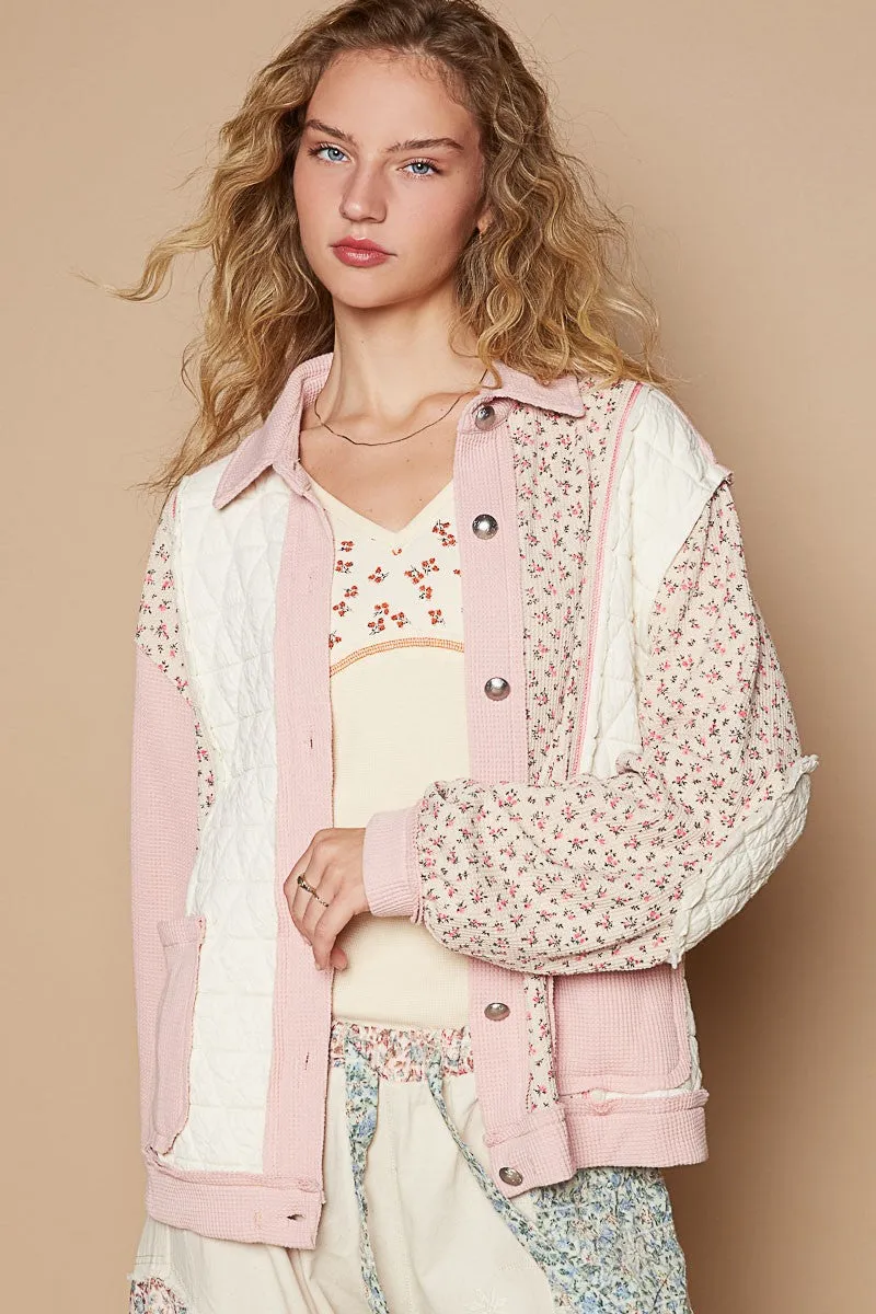 POL Quilted Jacket Patchwork Retro Pink Floral Exposed Seam Patch Pocket Cardigan