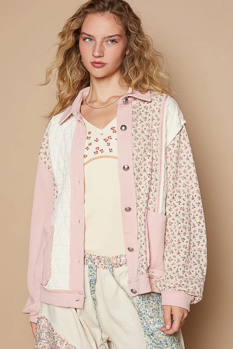 POL Quilted Jacket Patchwork Retro Pink Floral Exposed Seam Patch Pocket Cardigan