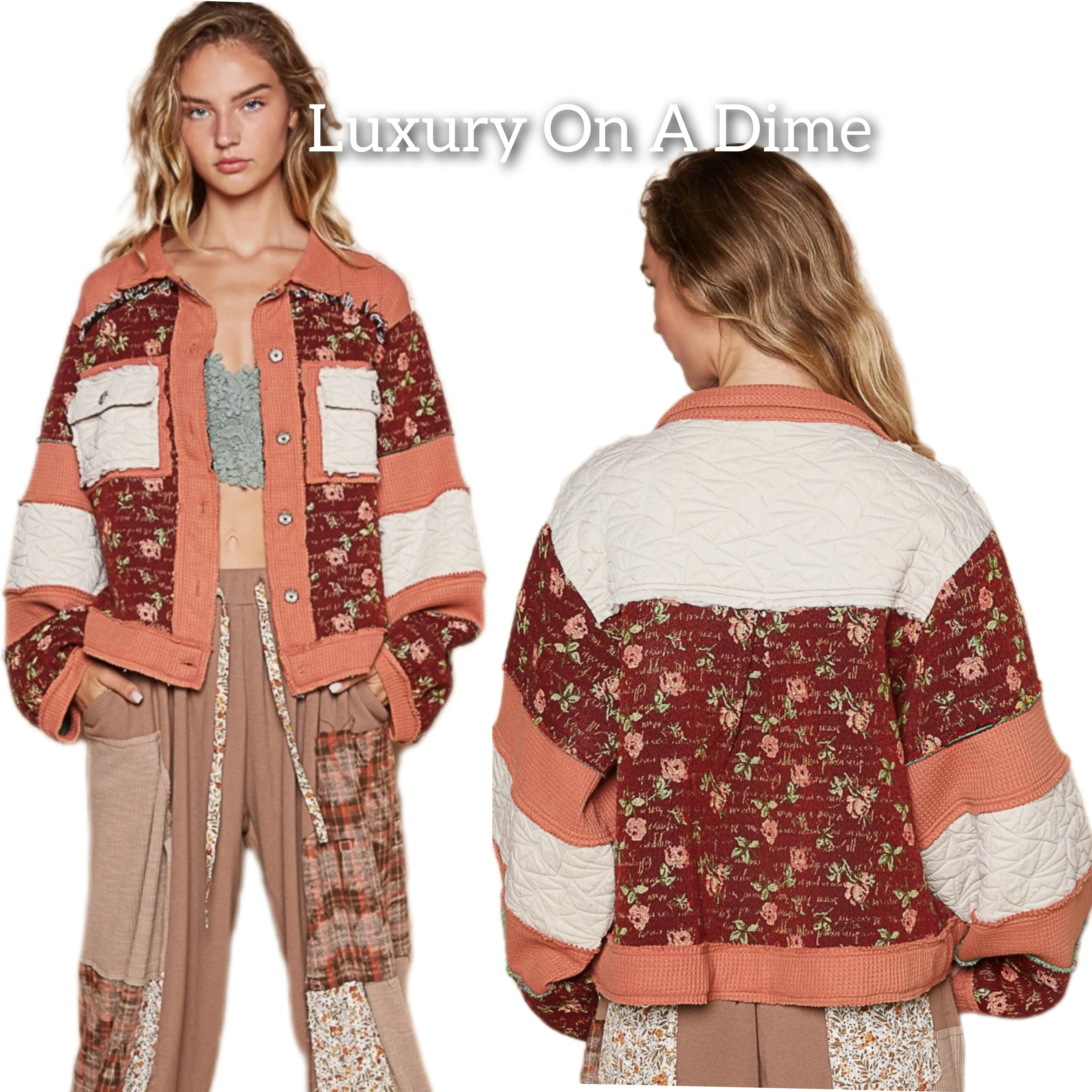 POL Quilted Patchwork Retro Floral Waffle Knit Frayed Raw Bohemian Button Jacket