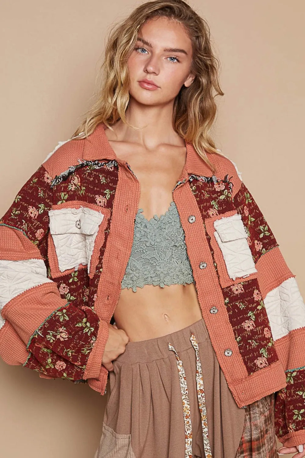 POL Quilted Patchwork Retro Floral Waffle Knit Frayed Raw Bohemian Button Jacket