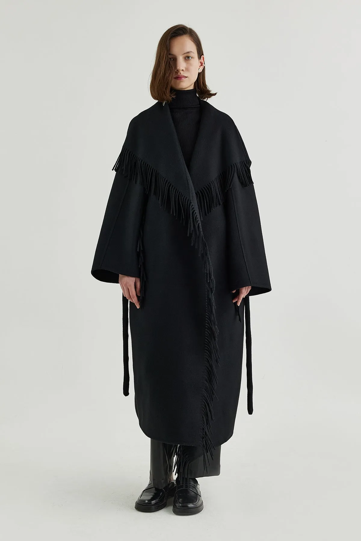 Quilted down-back double-faced wool fringed coat