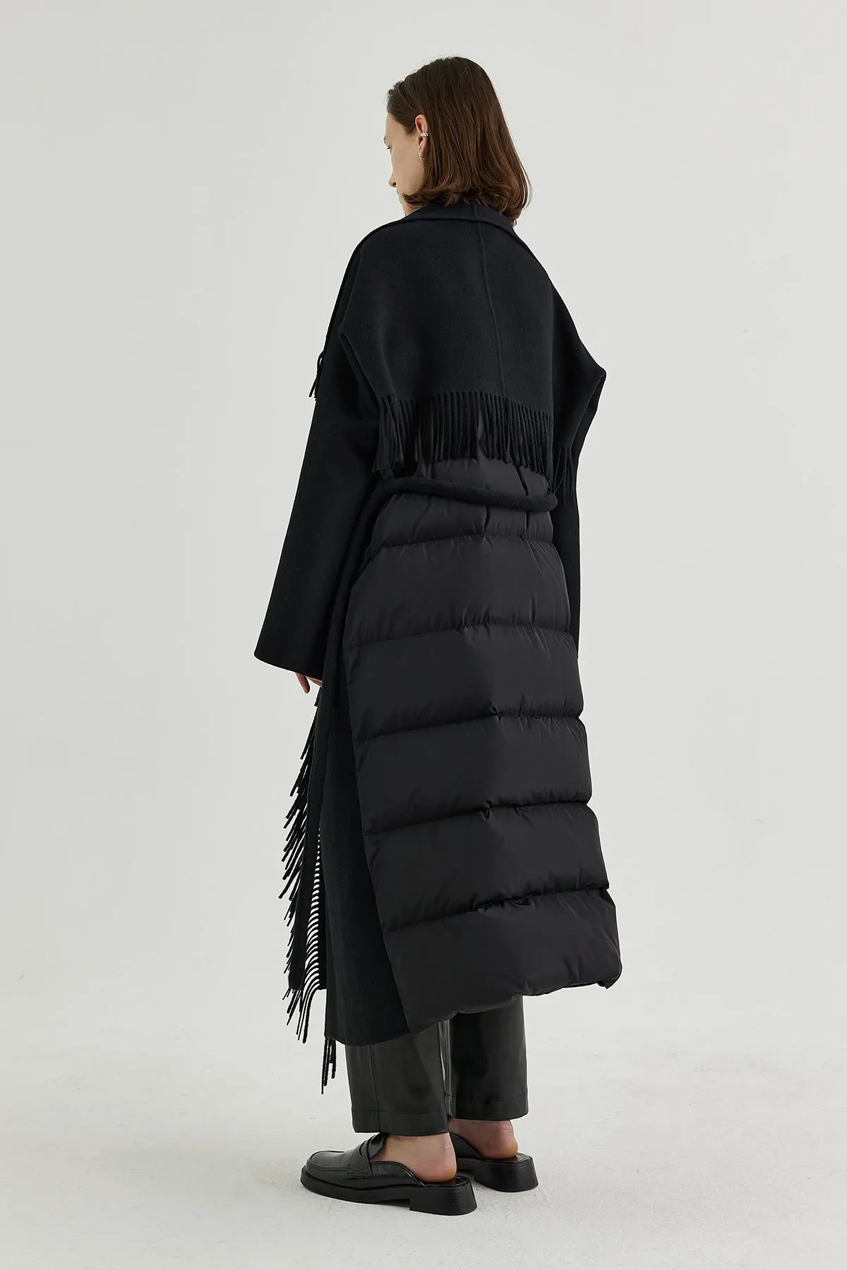 Quilted down-back double-faced wool fringed coat