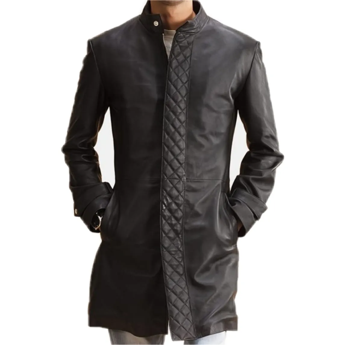 Quilted Genuine Black Leather Long Coat