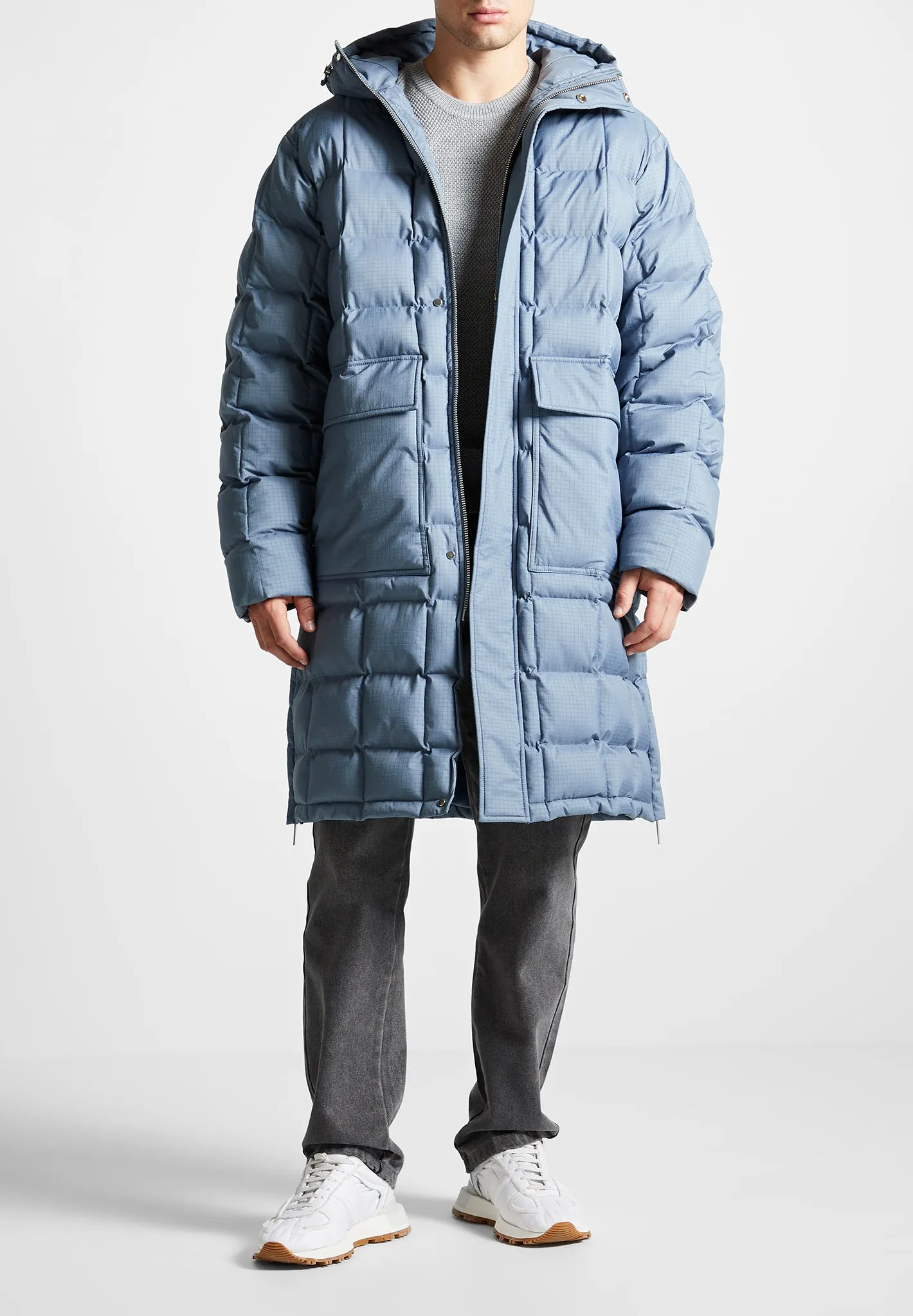 Quilted Longline Puffer Coat - Steel Blue