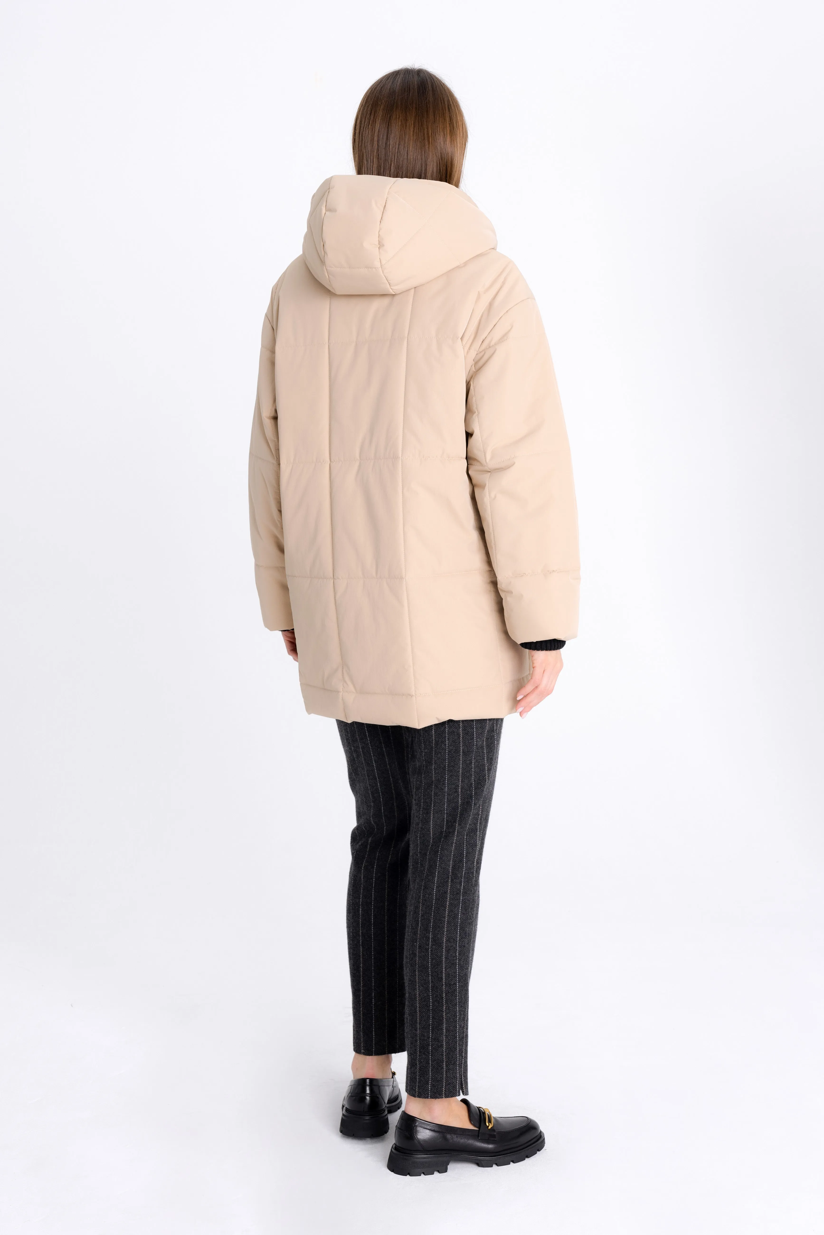 QUILTED SAND SHORT COAT WITH HOOD