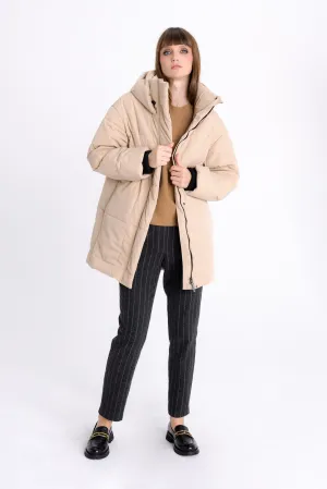 QUILTED SAND SHORT COAT WITH HOOD