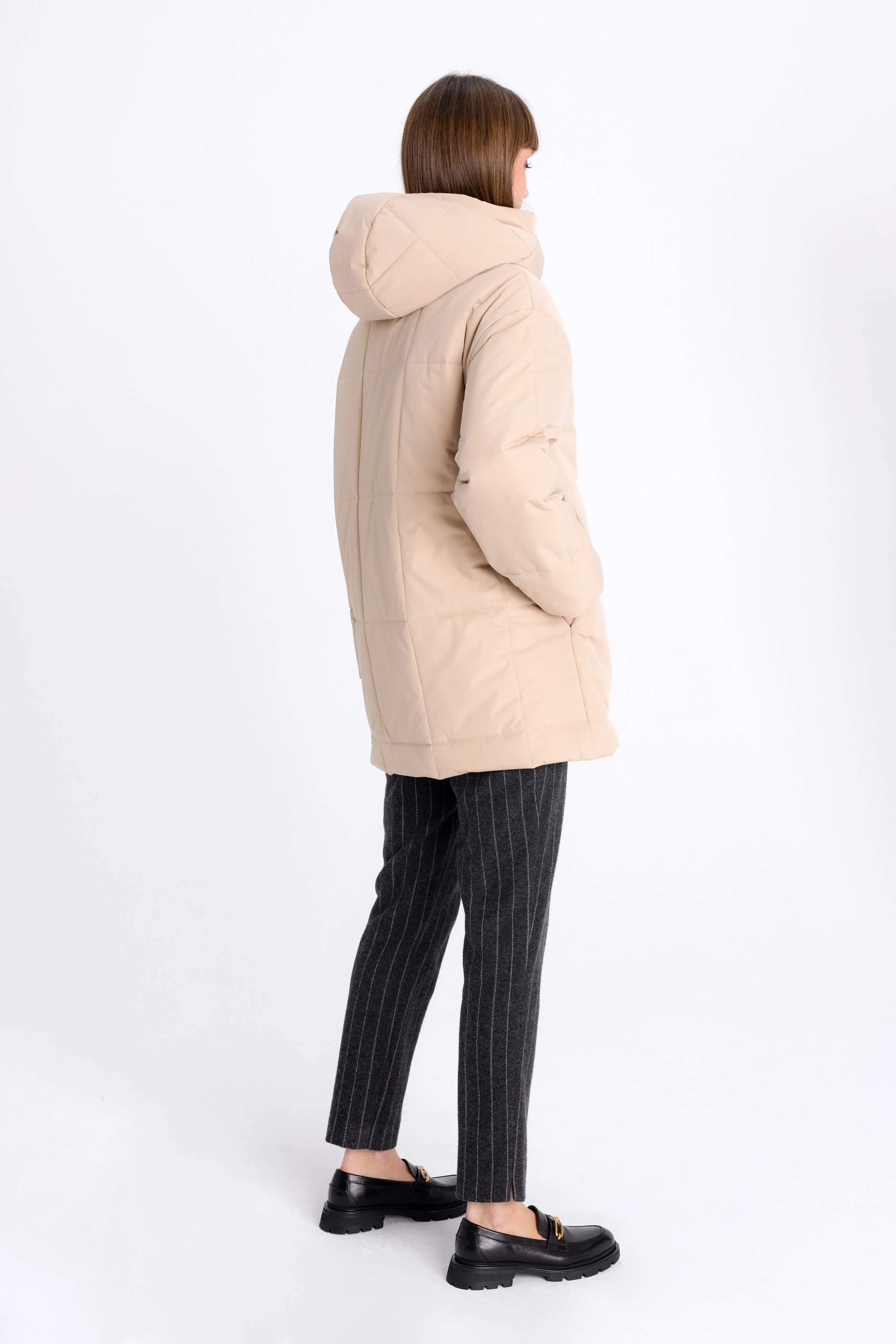 QUILTED SAND SHORT COAT WITH HOOD