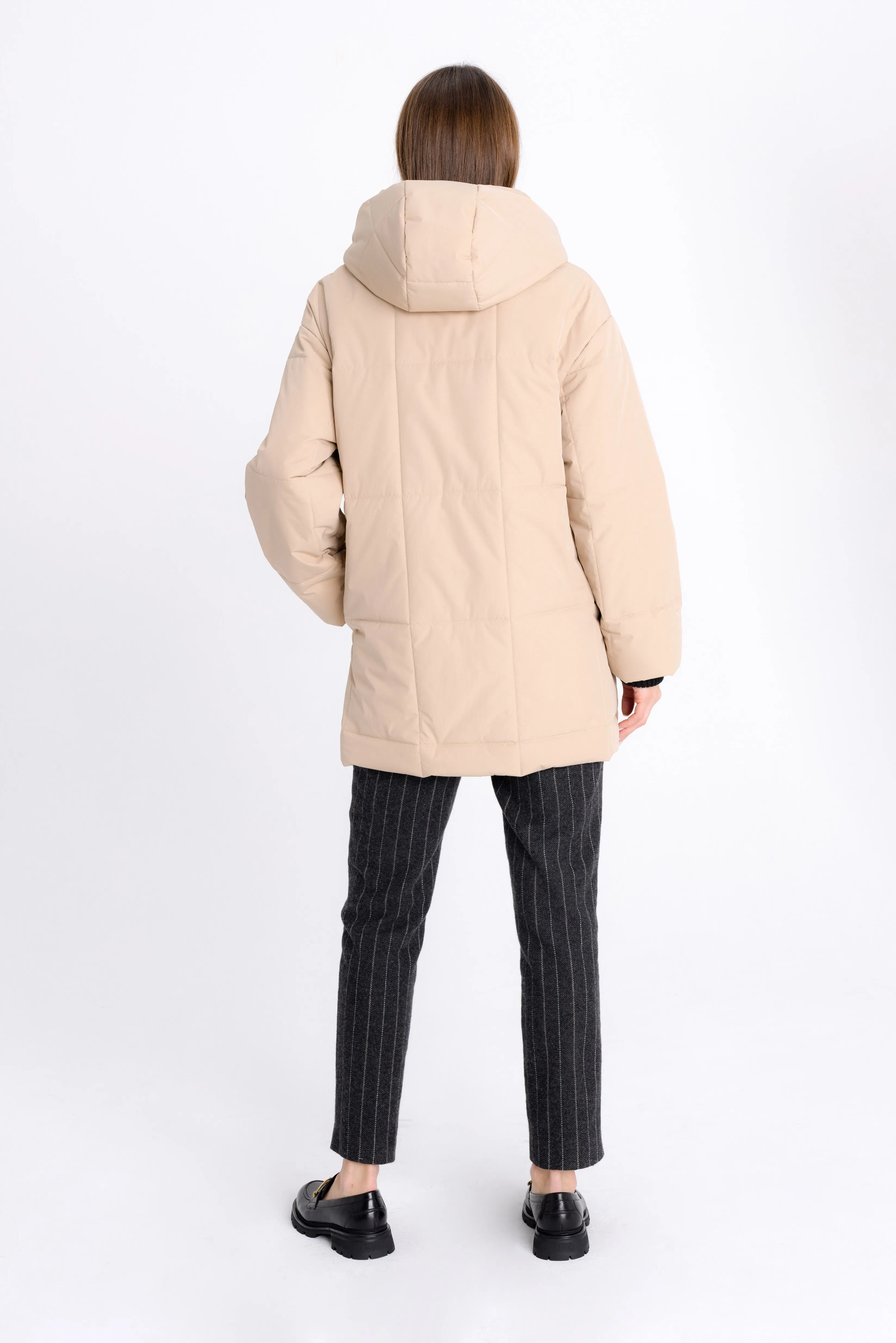 QUILTED SAND SHORT COAT WITH HOOD