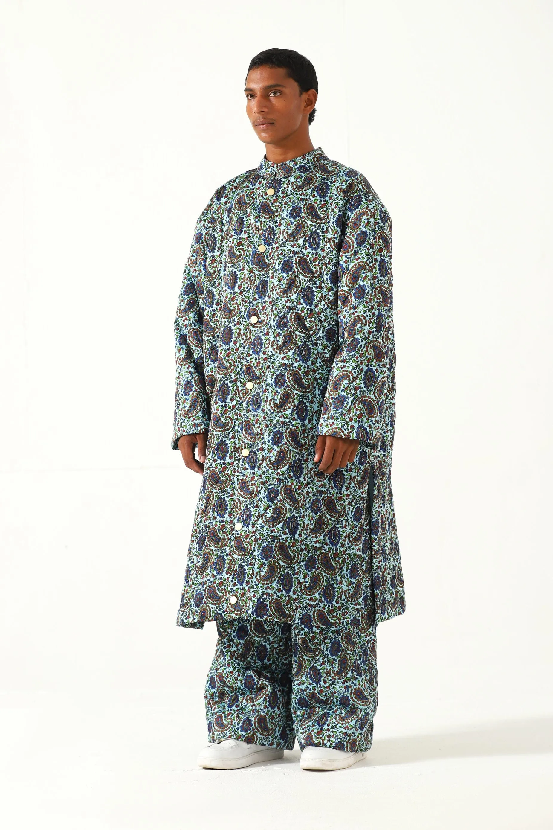 QUILTED SILK BLOCKPRINT LONG COAT