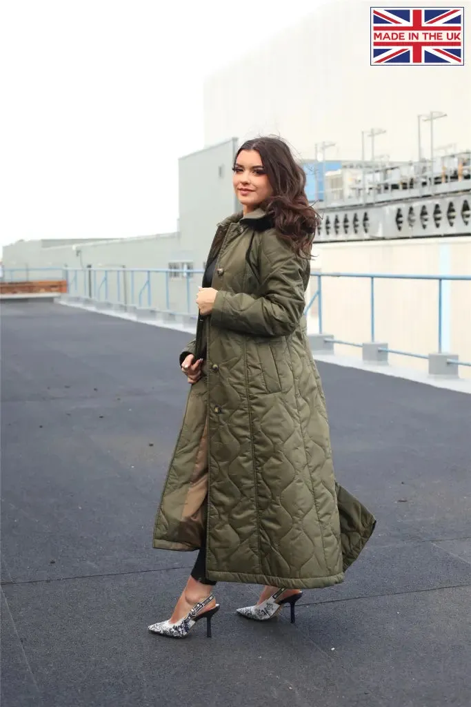 Quilted Single Breasted Longline Hooded Coat