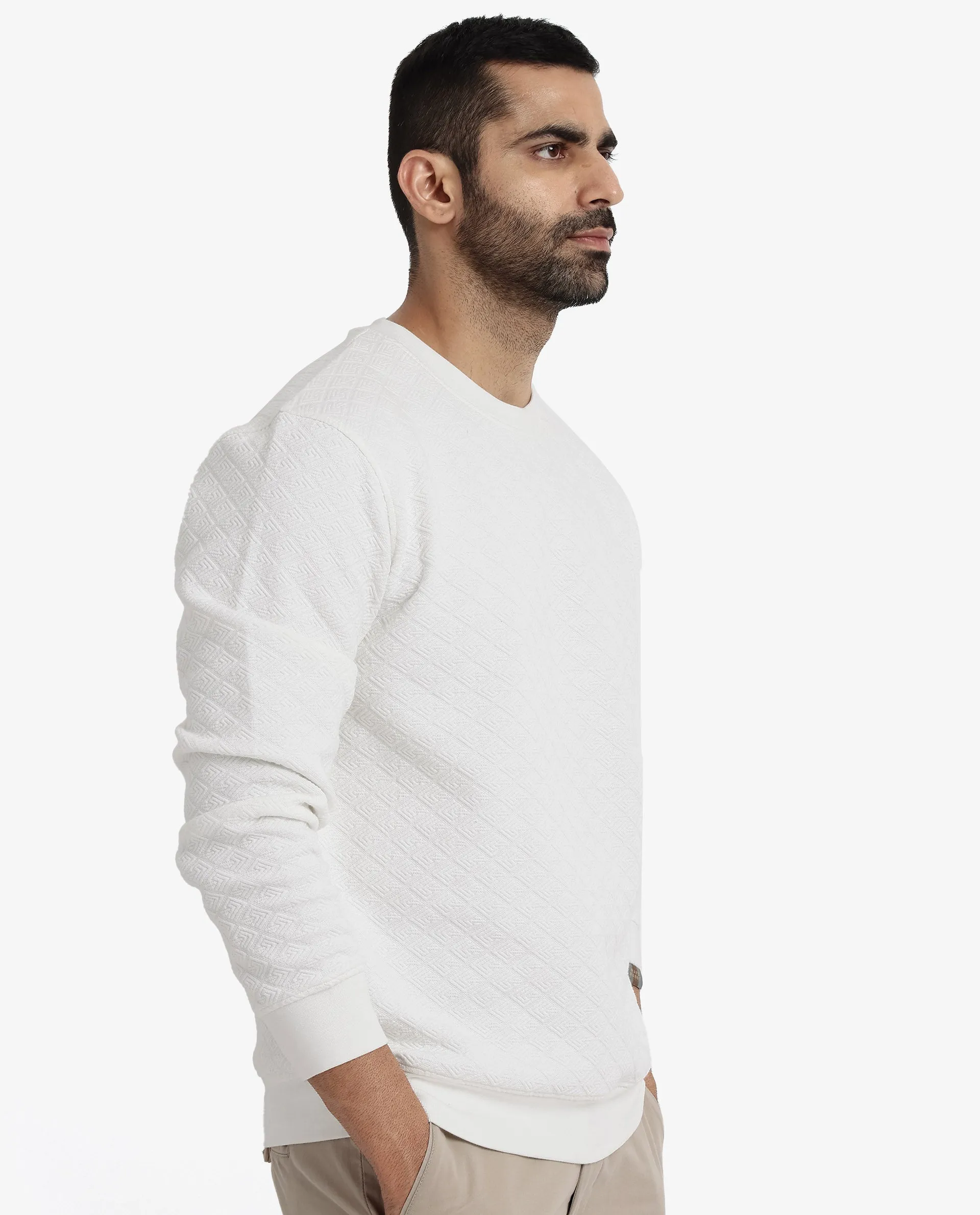 Rare Rabbit Men Sheild-2 Off White Cotton Polyester Lycra Fabric Full Sleeve Crew Neck Regular Fit Jacquard Quilted Textured Sweatshirt