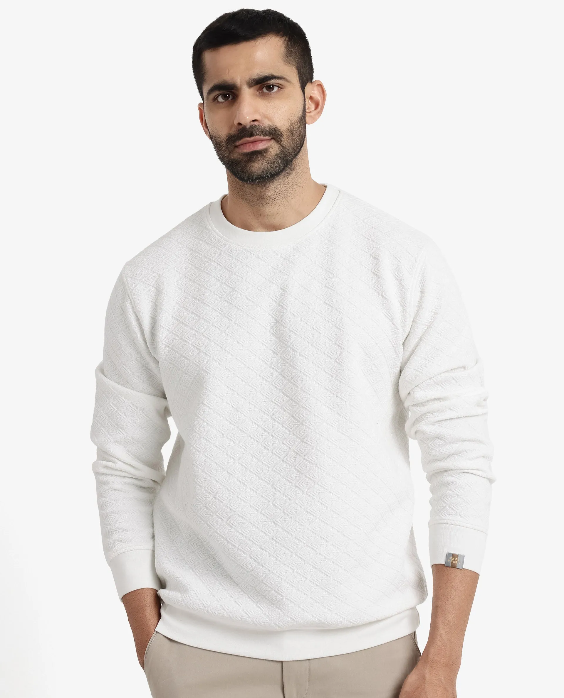 Rare Rabbit Men Sheild-2 Off White Cotton Polyester Lycra Fabric Full Sleeve Crew Neck Regular Fit Jacquard Quilted Textured Sweatshirt