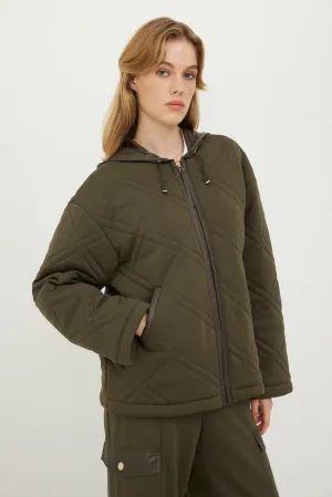 Roman Solid Hooded Quilted Coat Khaki