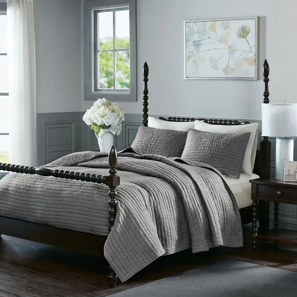 Serene 3 Piece Hand Quilted Cotton Quilt Set - Grey