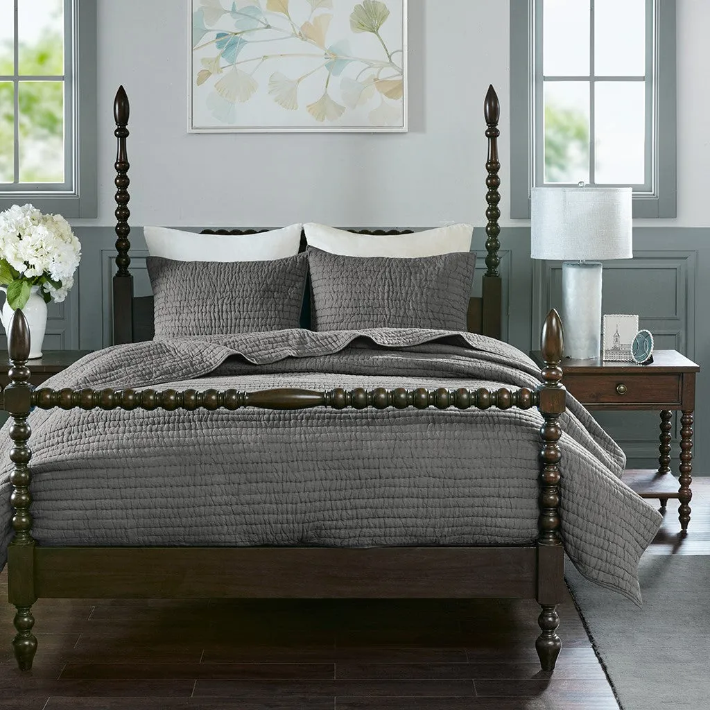 Serene 3 Piece Hand Quilted Cotton Quilt Set - Grey