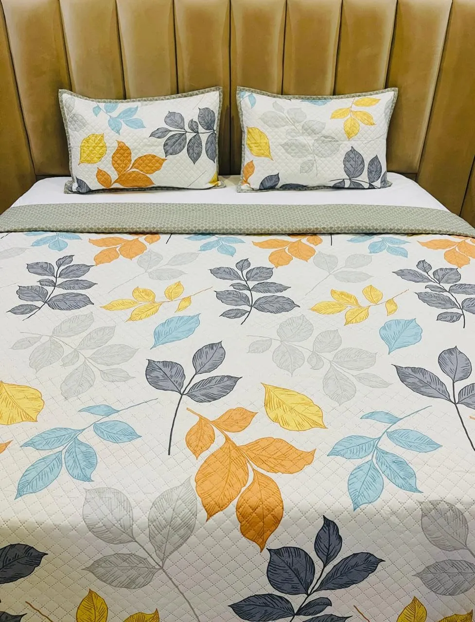 Subtlespreads Premium Cotton Feel Quilted Bedcover for Double Bed King Size with 2 Quilted Pillow Covers - Decorative Bed Cover/Quilted Bedspread Bedsheet,Autumn Leaves