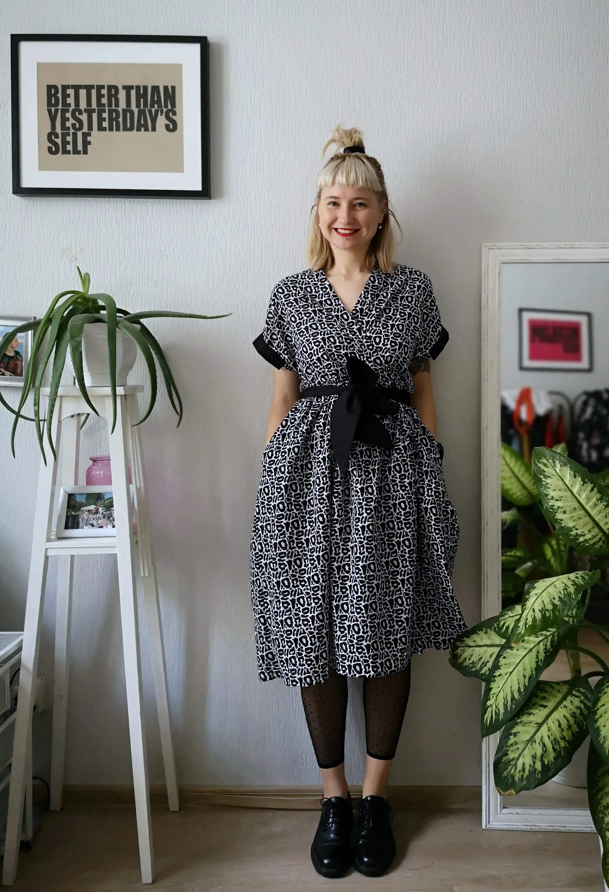 Summer Kimono Dress/ Vest with Wide Skirt Detail made from Black and White paterned cotton.