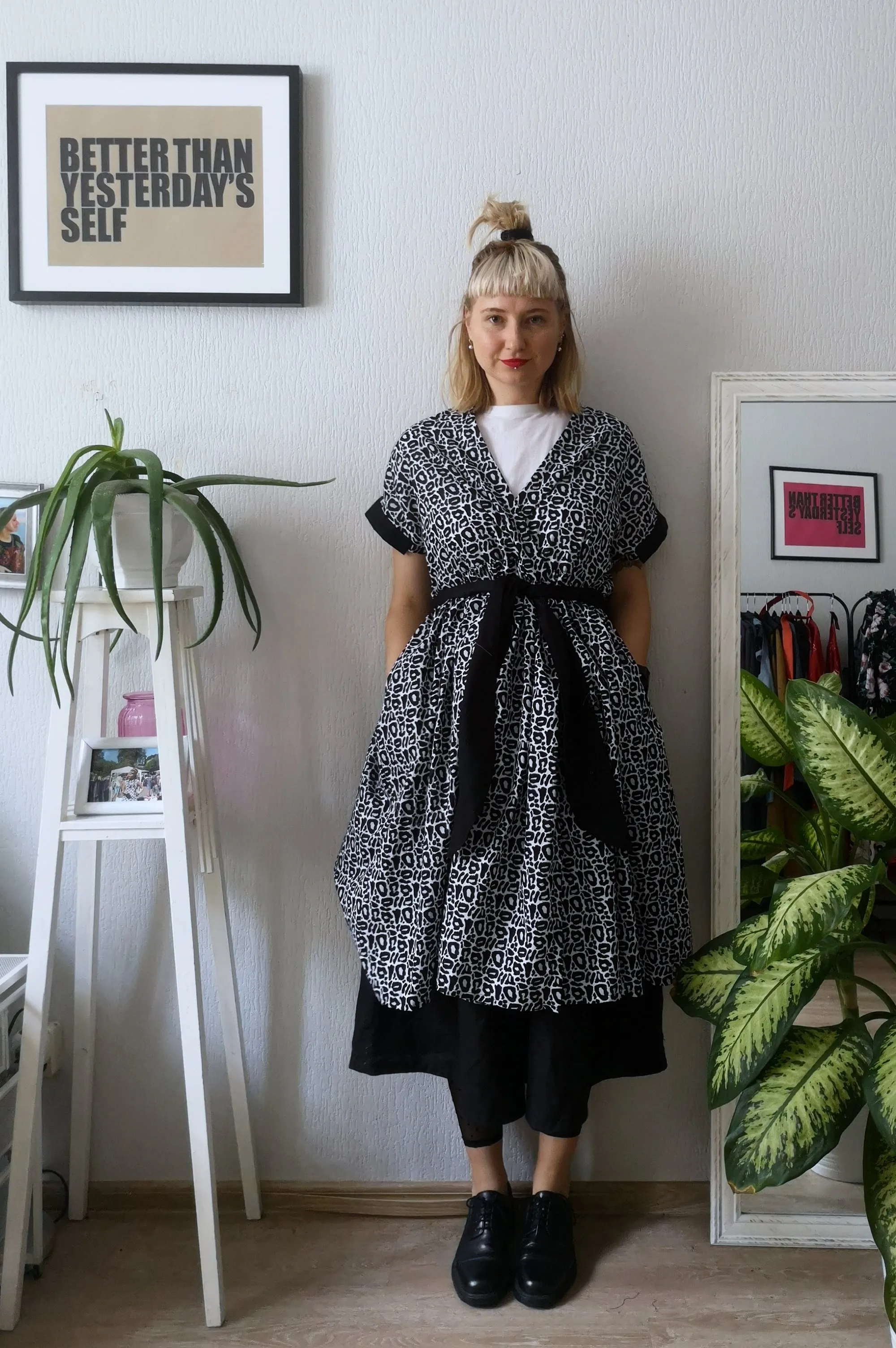 Summer Kimono Dress/ Vest with Wide Skirt Detail made from Black and White paterned cotton.