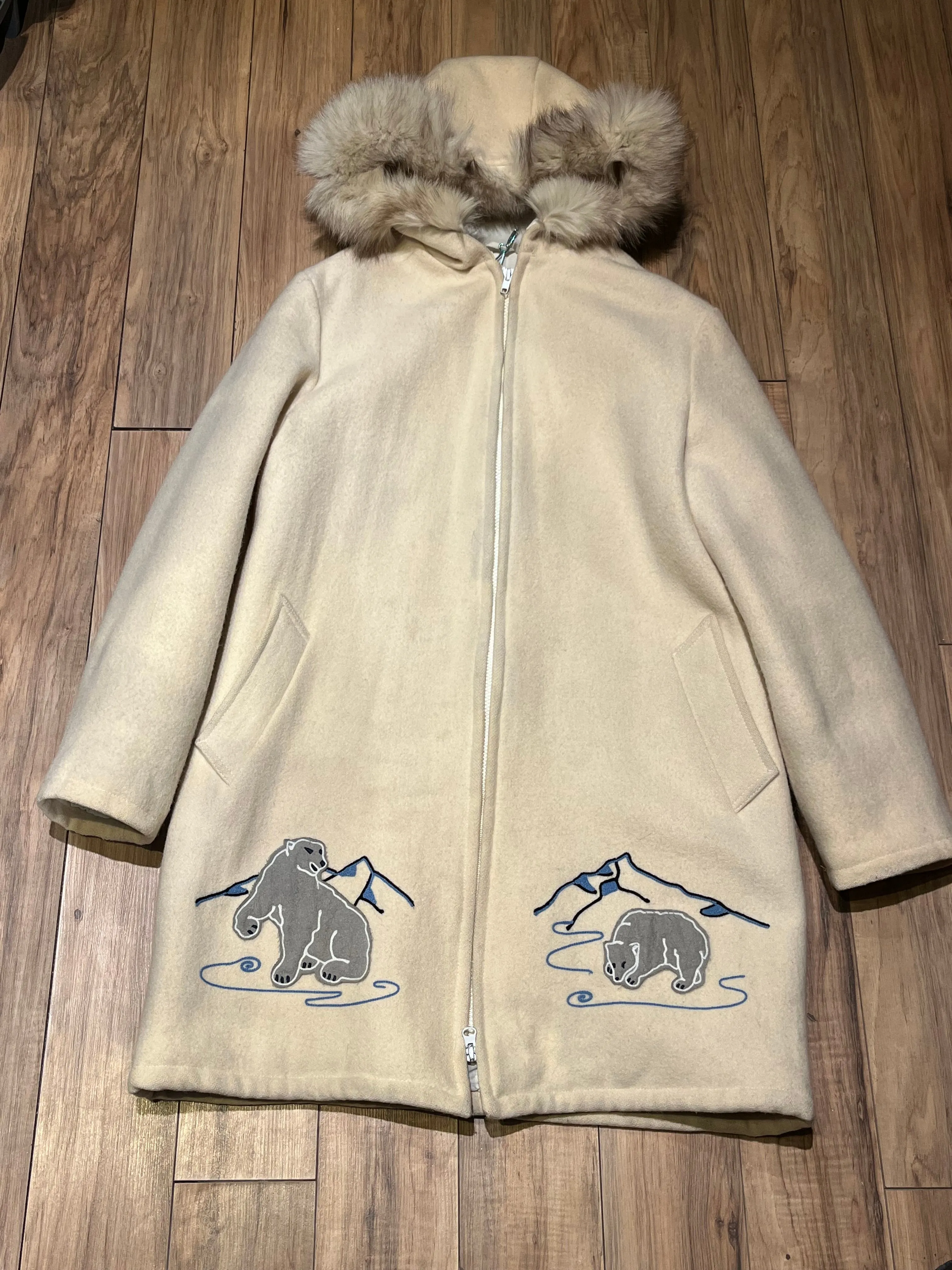 Vintage Gemini Fashions White Wool Northern Parka with Fox Fur Trimmed Hood and Hand Embroidered Details, Made in Canada, Chest 44”