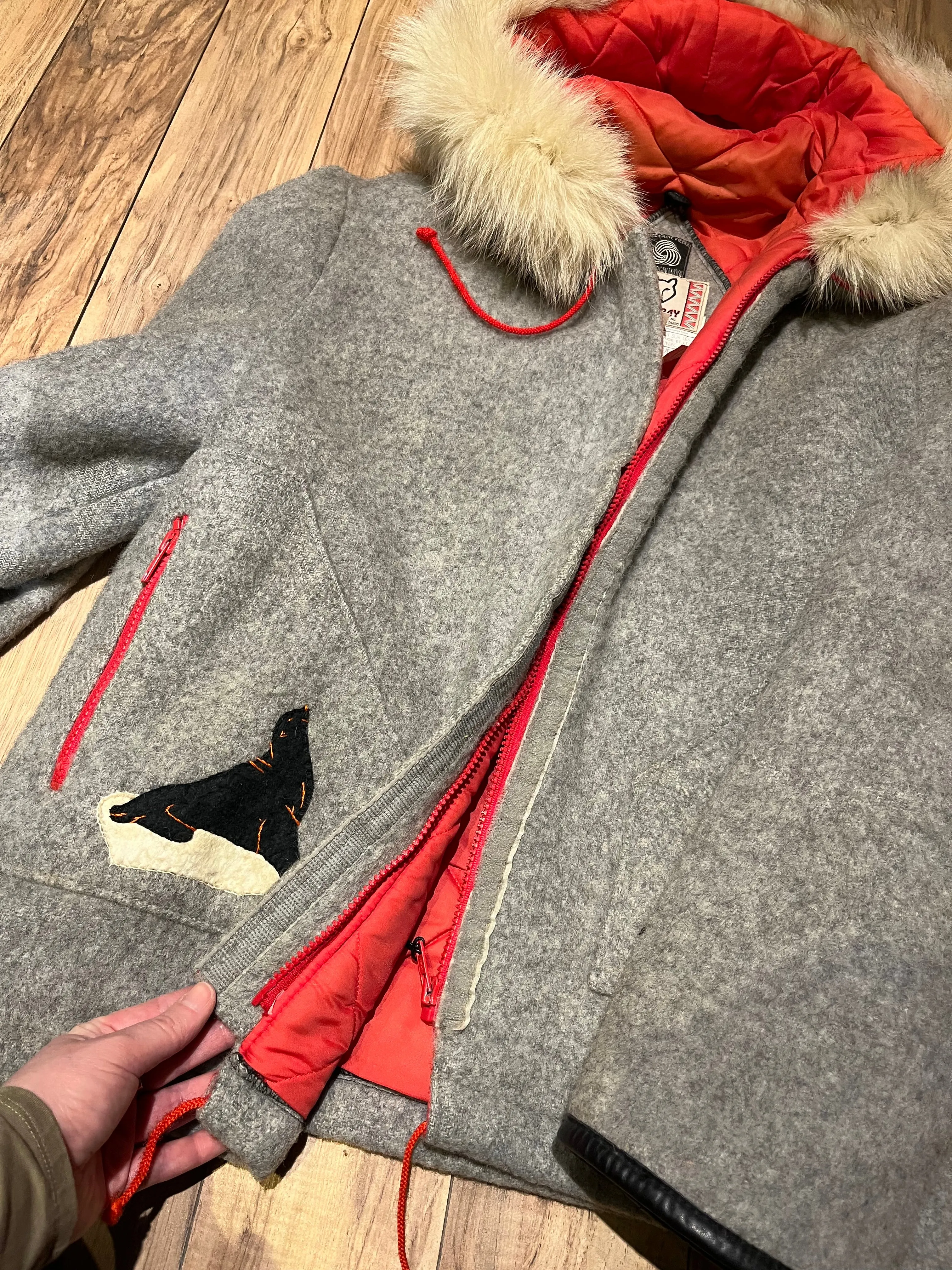 Vintage James Bay Grey Wool Northern Parka with Fox Fur Trimmed Hood and Seal Motif, Made in Canada, Chest 44”