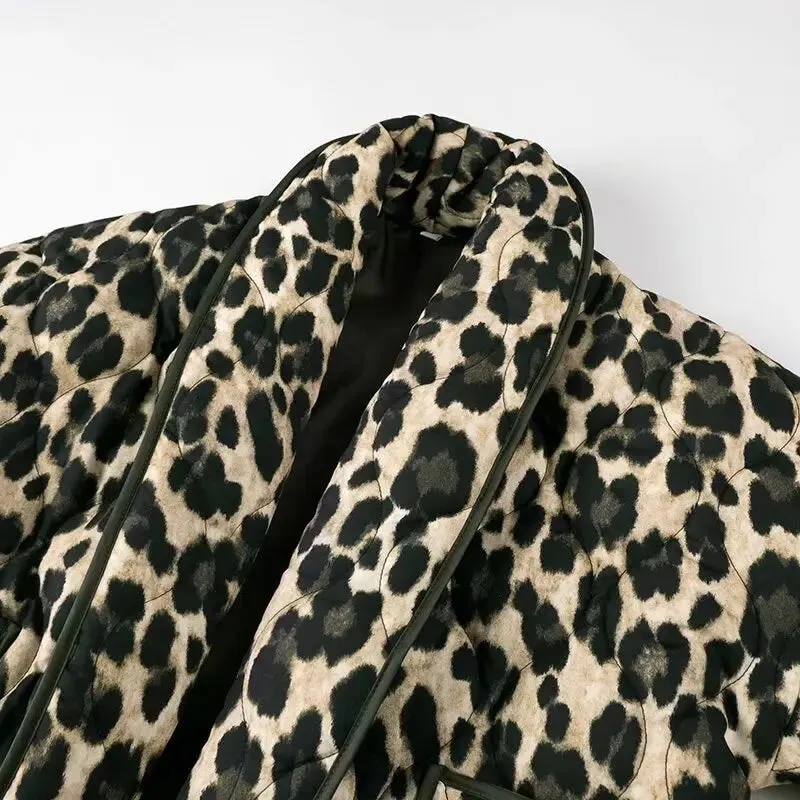 Wenkouban-Winter outfits Christmas Shawl Collar Pocket Leopard Print Short Quilted Coat