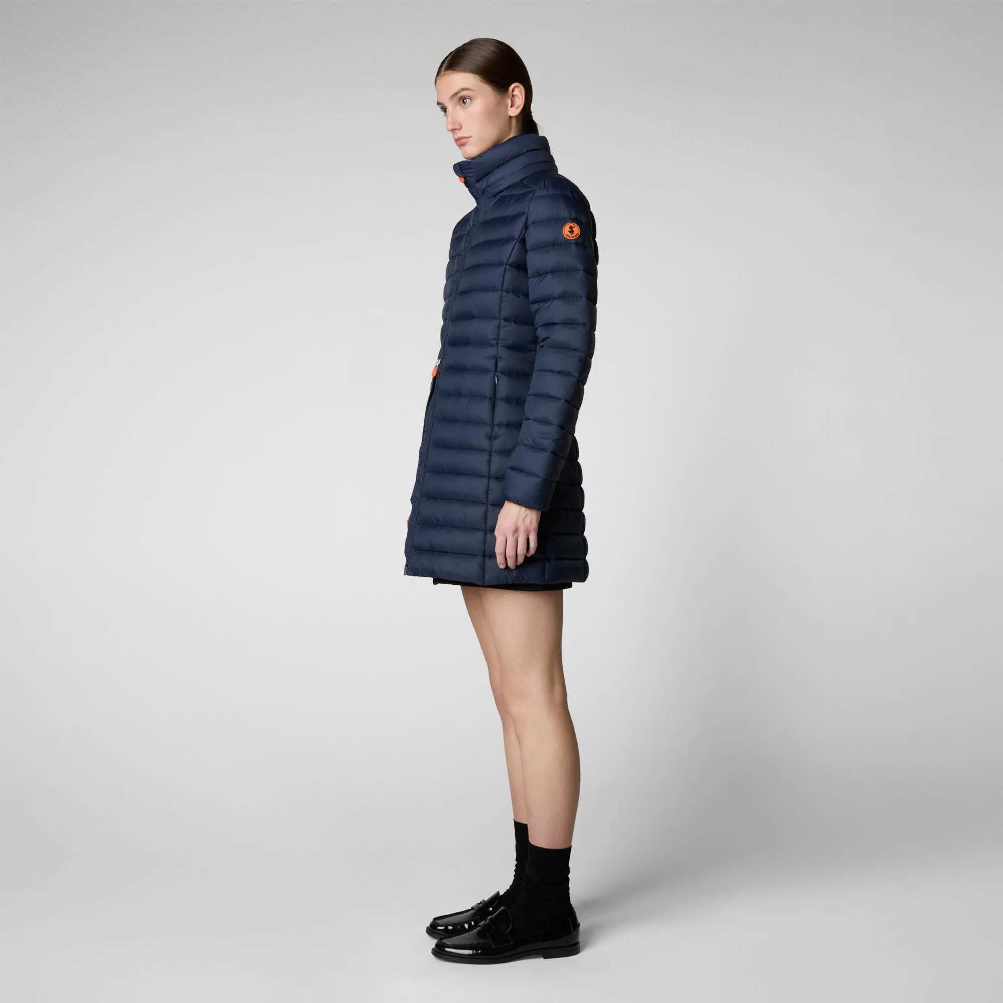 Woman's animal free hooded puffer jacket Carol in navy blue