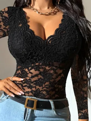 Women's Slouchy Solid Color Sexy Lace Blouses