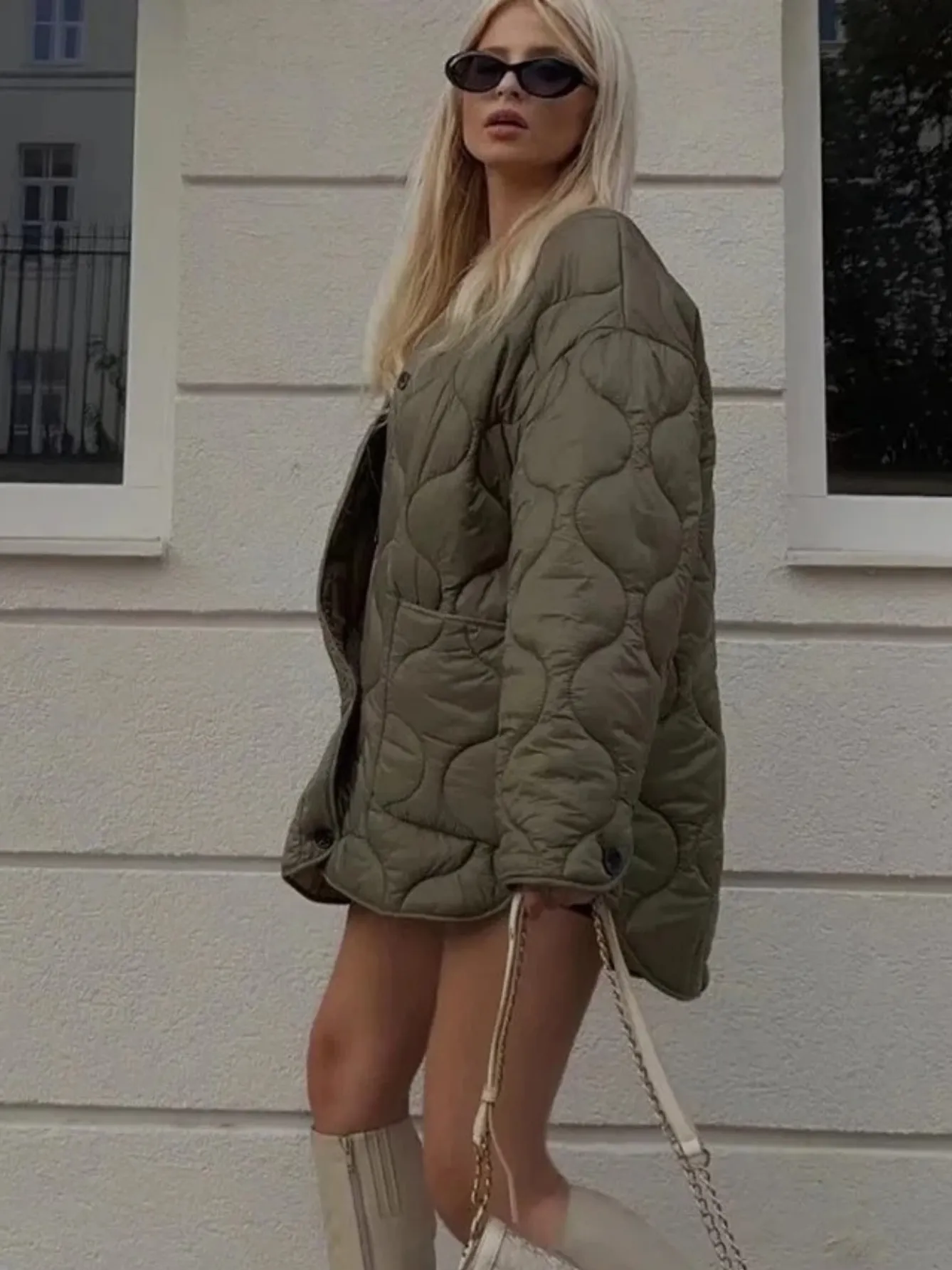 Women's Trendy Olive Green Oversized Quilted Coat | Ideal for Autumn/Winter